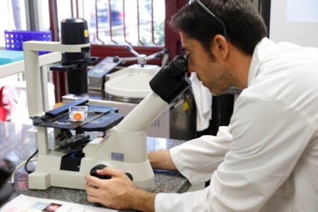 Profesor microscopio laboratorios Farmacia CEU